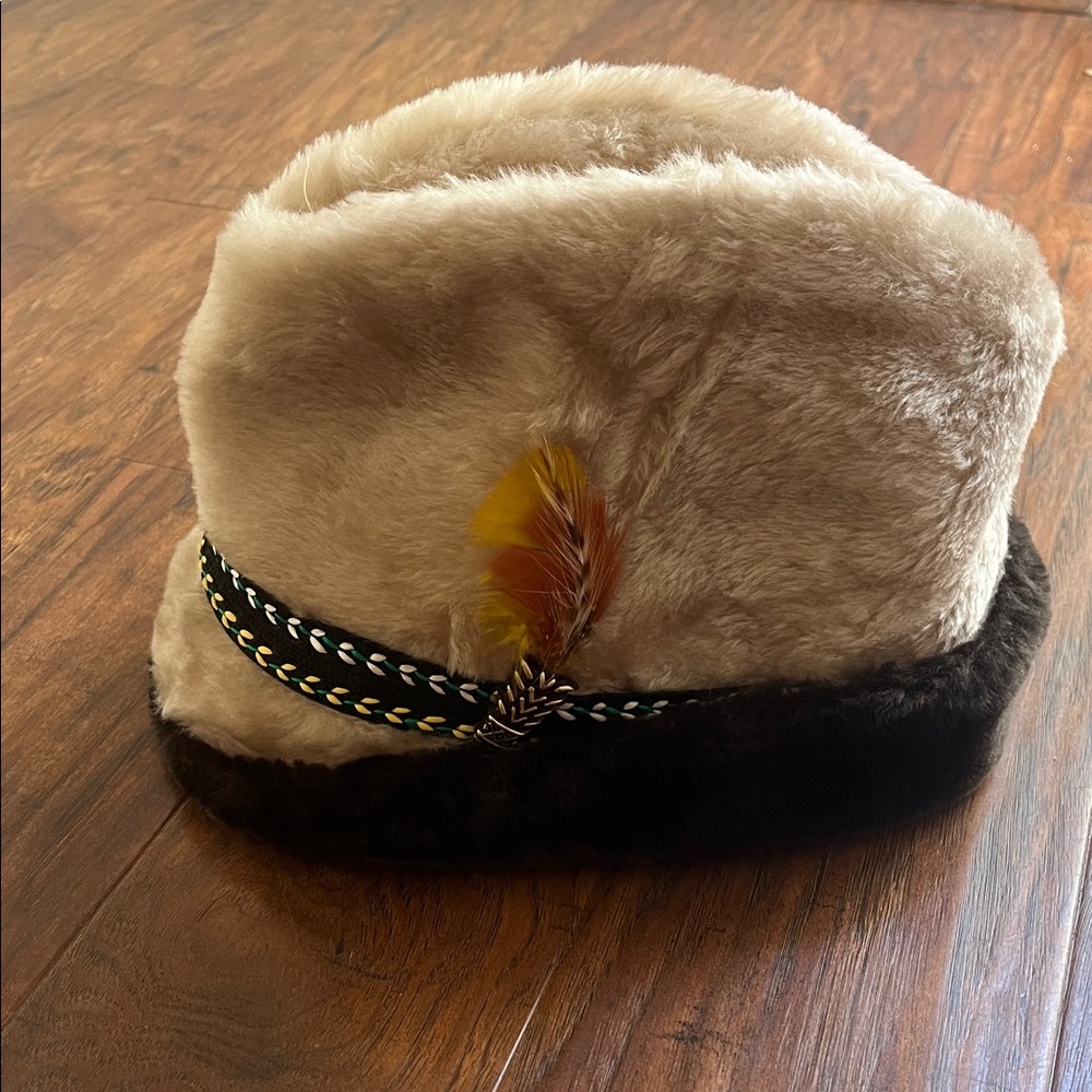 Faux Fur Hat with Feather Accent